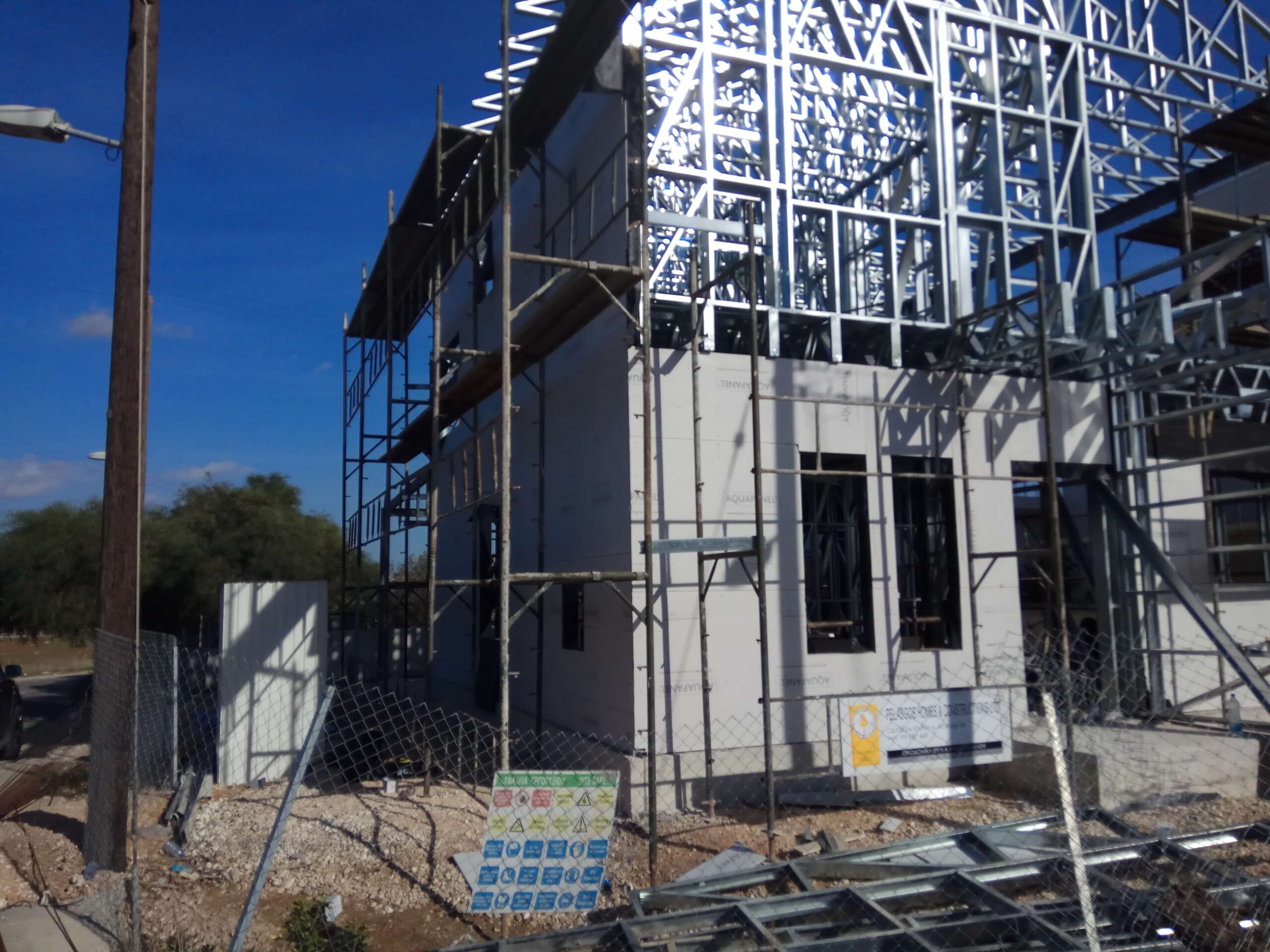 Light-gauge steel framing and boarded walls at the Xylofagou residence