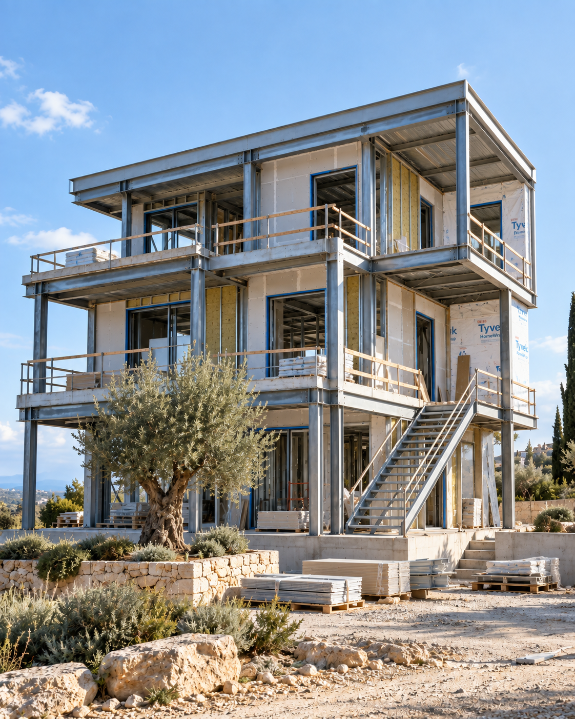 Steel-framed modern Cyprus house with shaded terraces and an exterior staircase