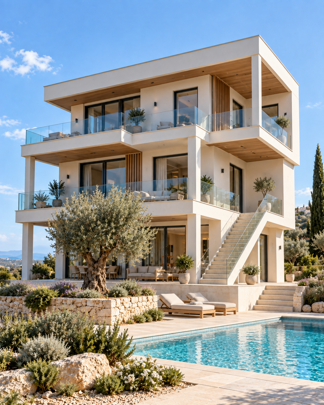 Modern steel-frame residence in Cyprus with a pool, balconies and Mediterranean planting