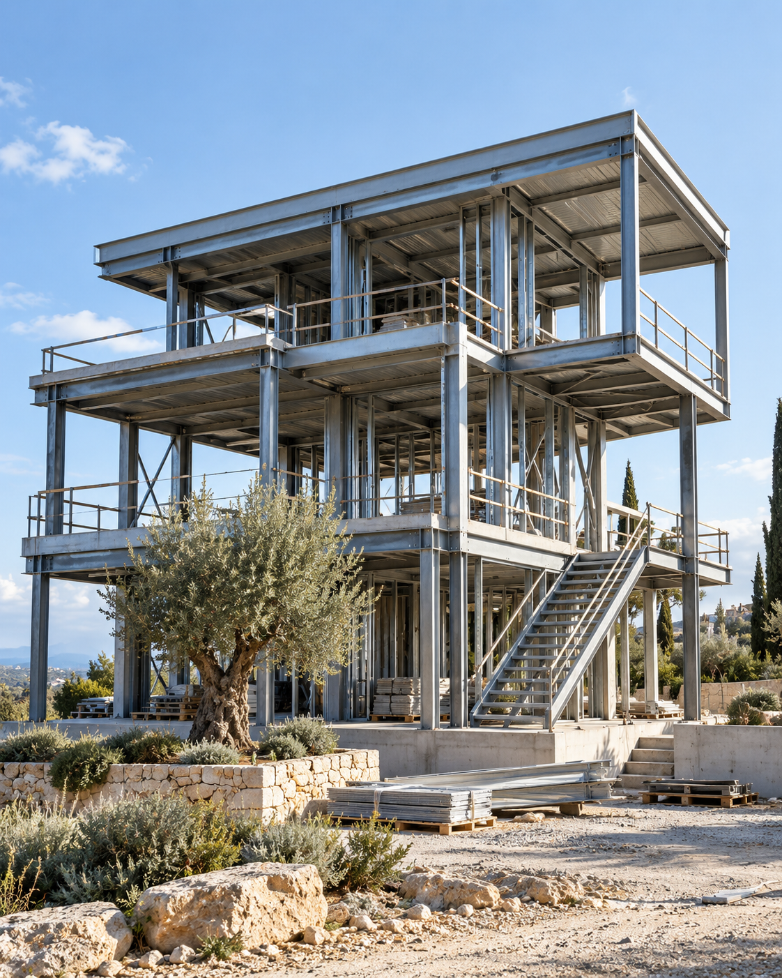 Steel-framed modern Cyprus house with warm stone and Mediterranean planting