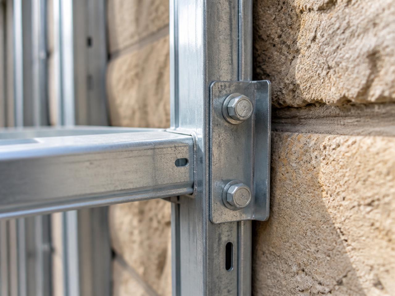 Close-up of a bolted steel frame connection against a limestone wall